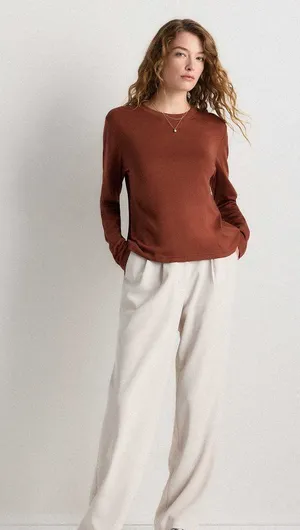 Quince Cotton Modal Relaxed Long Sleeve Tee Redwood Basic Fall NWT Size Large thumbnail 1