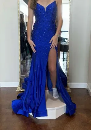 Blue Jonathan Kayne prom dress with slit and open back thumbnail 1