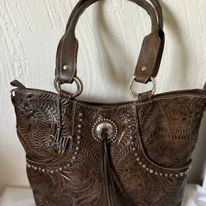 American West Hand Tooled Leather Handbag Western Bag Shoulder Purse Tassel thumbnail 2