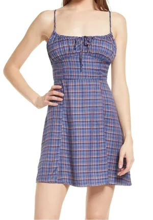 $69 Urban Outfitters Kamaryn Tie Front Plaid Mini Dress NWOT in Blue S thumbnail 1