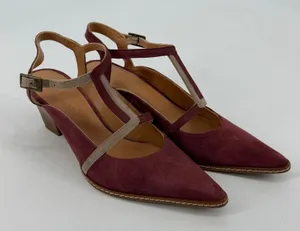 Sundance Women Burgundy Suede T-Strap Pointed Toe Block Heel Pumps Shoes‎ thumbnail 1