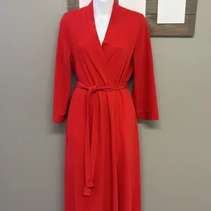 Vintage Vanity Fair Vibrant Red Full-Length Ribbed Wrap V-Neck Robe with Belt-Sm thumbnail 2