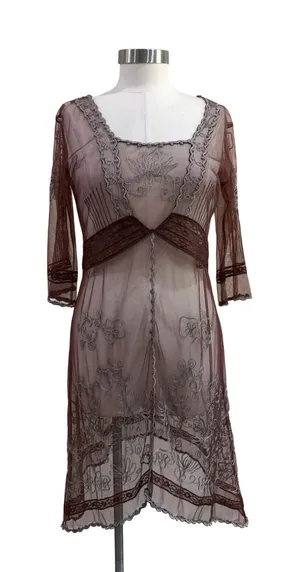 Vintage Style Sheer Mesh Embroidered Lace Trim Dress Brown Silver Size S thumbnail 1