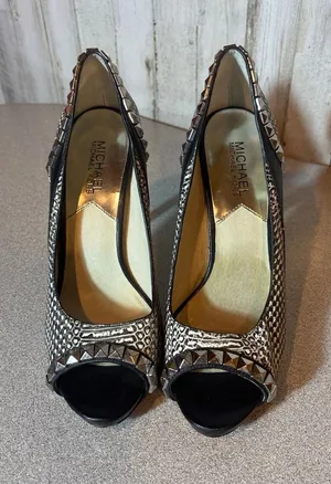 Michael Kors Ella‎ Peep Toe Black White Silver Size 7.5 Studded leather heels thumbnail 1