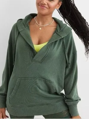 Aerie Down To Earth Henley Hoodie Oversized Fleece Green Size Small Oversized thumbnail 1