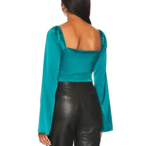 Revolve Teal Satin Crop Top SMALL Going Out Club Pirate Cut Out More to Come NEW thumbnail 3