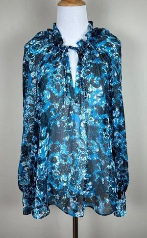 By Anthropologie Blouse Top Womens Large Blue Sheer Floral Boho Long Sleeve‎ Tie thumbnail 1