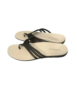 Vionic Alta Toe Post Sandals Black Leather Cream Thong Comfort Shoes 8.5M thumbnail 2