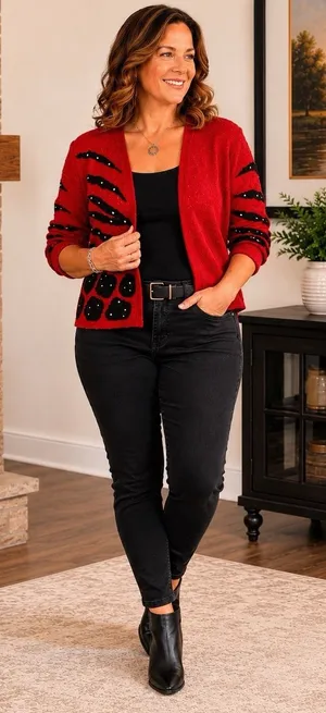 Elizabeth New York Cardigan XL Red Black Animal Print Chenille Studded thumbnail 1
