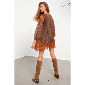 Pull&Bear Paisley Boho Babydoll Tiered Dress XL Brown Orange Peasant Cottagecore thumbnail 2
