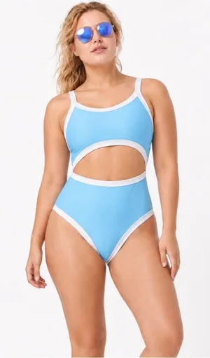 Aerie Blue White Trim Cutout One Piece Swimsuit Racerback Y2K Size Medium thumbnail 1
