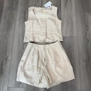Commense Old Money Linen Blend Elegant Casual Khaki Vest Shorts Set M thumbnail 2