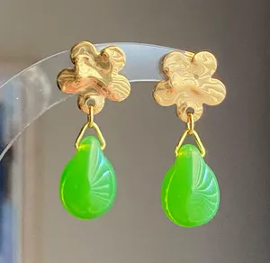 Handmade green opal teardrop Czech glass beads & gold tone stainless steel flower dangle earrings thumbnail 2