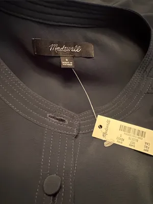 Madewell Shirred Crewneck Button-Up Top crepe de chine navy 3/4 sleeve Sz S NWT thumbnail 7