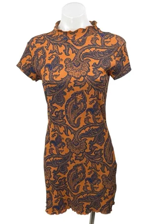 Urban Outfitters Orange Blue Floral Paisley Short Sleeve Mini Bodycon Dress Sz M thumbnail 1