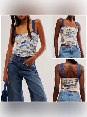 NWOT Free People 2 Tone Printed Tank - ivory blue combo - medium thumbnail 2
