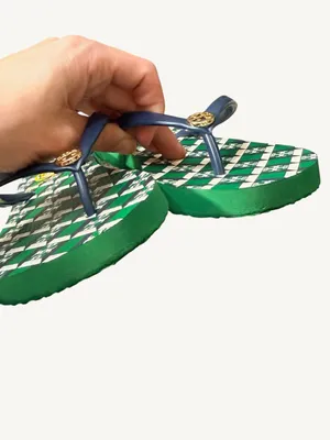 Tory Burch Green, Navy & White Check Logo Flip Flops Size 5 NWOT thumbnail 7