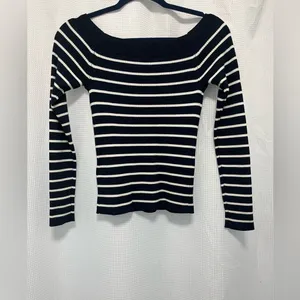 Abercrombie & Fitch Navy and White striped off the shoulder sweater thumbnail 8