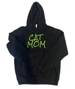 Gildan Heavy‎ Blend Womens Medium Cat Mom Solid Black w/ Green Hoodie Sweatshirt thumbnail 1