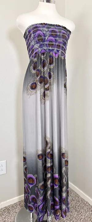 FOREVER 21 Y2K Strapless Maxi Dress S/P‎ Peacock Feather Print Smocked Bodice thumbnail 1