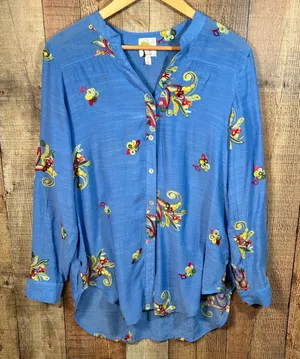 Fig and Flower Blue Floral Embroidered Roll Tab Button Down Top Large Boho L thumbnail 1