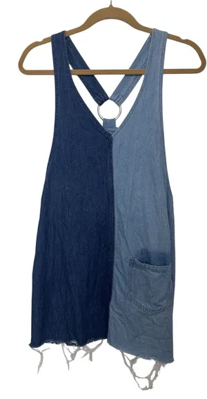 H&M Blue Patchwork Denim Overall Mini Dress 4 Pocket Mixed Media Distressed thumbnail 1