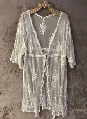 Love Tree Sheer Lace Embroidered Swim Coverup Cream Women’s Size L thumbnail 1