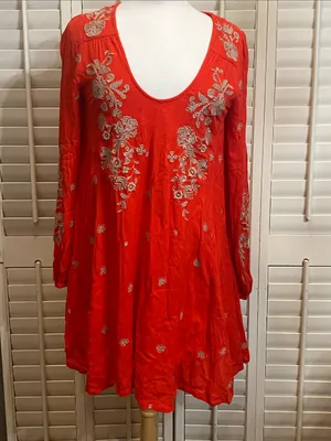 NWOT Free People Red Embroidered V-Neck Mini Babydoll Dress thumbnail 4