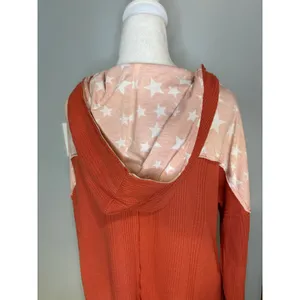 POL Womens‎ Waffle Knit Star Print Contrast Hoodie Terracotta Orange boho thumbnail 5