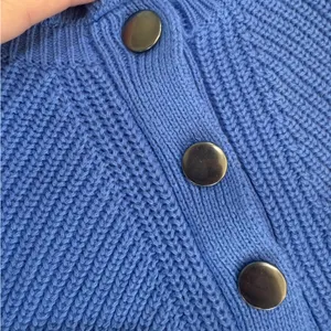 LOFT Blue Crew Neck Knit Sweater with Button Accents Ruffles Medium thumbnail 5