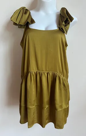 Mini ruffle Dress with Statement Shoulder Bows 20s style flapper NWT chartreuse Green Size 16 thumbnail 1