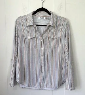 Selene Sport Vintage Linen Rayon Striped Roll Tab Sleeve Button Up Shirt ~ Sz L thumbnail 1