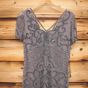 NWT Pisarro Nights Size 8 Beaded Mesh Column Gown Aluminum thumbnail 8
