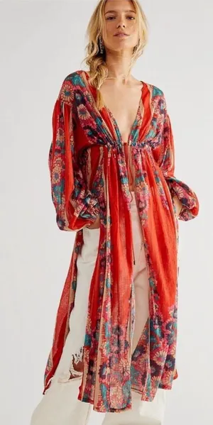 Free People Dream Girl Maxi Open Top Retro Red Lightweight Robe Size Size Medium thumbnail 1