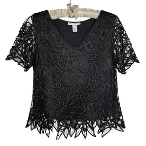 Vintage Silken Poetry‎ S Silk Black Beaded Crochet Lace Top Whimsigoth Fairy thumbnail 3