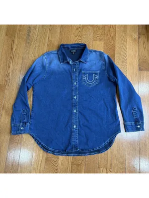Size Large Women’s True Religion Western Denim Shirt Crystal Horseshoe thumbnail 8