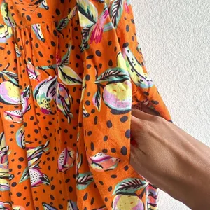 Anthropologie Kourt Aria Linen Tropical Short Dress Pockets Fruit Bird Medium thumbnail 7