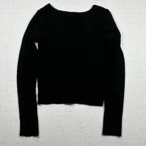 American Eagle Black Fuzzy Knit Cropped Henley Sweater Women’s Medium thumbnail 6