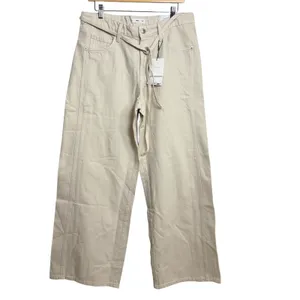 MNG Mango Women Beige Wide Leg Mid Waist Cotton Trousers with Tie Belt Size 10 thumbnail 3