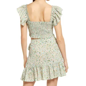 Lulus Crop Top Womens XL Flourishing‎ Fields Sage Green Floral Smocked Ruffle thumbnail 3