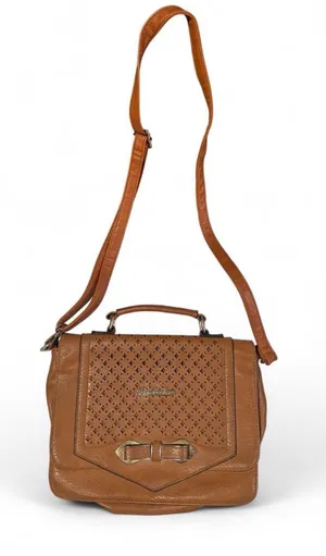 Structured Tan Crossbody Satchel with Perforated Flap and Top Handle thumbnail 1