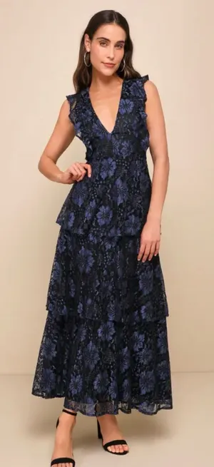 Lulus Molinetto Lace Ruffled Tiered Sleeveless Maxi Dress Floral V-Neck thumbnail 1