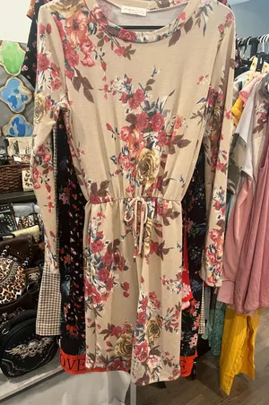 Floral Drawstring Waist Long Sleeve Dress - Beige Floral Size S thumbnail 1