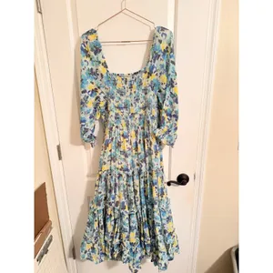 LoveShackFancy Capri Midi Dress- Size L Blue‎ Multi 3/4 Sleeves Smocked Waist thumbnail 10