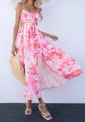 Pink Floral Maxi Dress with Spaghetti Straps thumbnail 1
