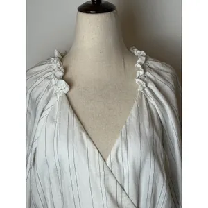 Maison Tara Midi Dress Womens 10 White Striped Excellent Ruffle Wrap V-Neck Puff thumbnail 9