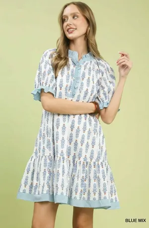 Umgee Striped Trim Floral Tiered Mini Dress - Blue Mix - Medium thumbnail 1