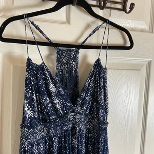 Lucky Brand John Robshaw Crochet Lace Back Maxi Dress Navy Blue White Small Boho thumbnail 4