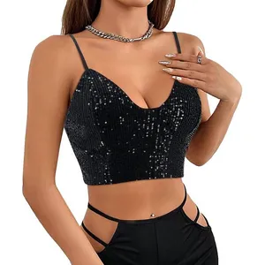 Boutique Black Sequin Sz M Womens Cropped Camisole Zip Up Rave Festival Party Going Out thumbnail 2