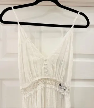 Lulu’s Light Breeze White Striped Crochet Lace Boho Tiered Maxi Dress Sz XS thumbnail 7